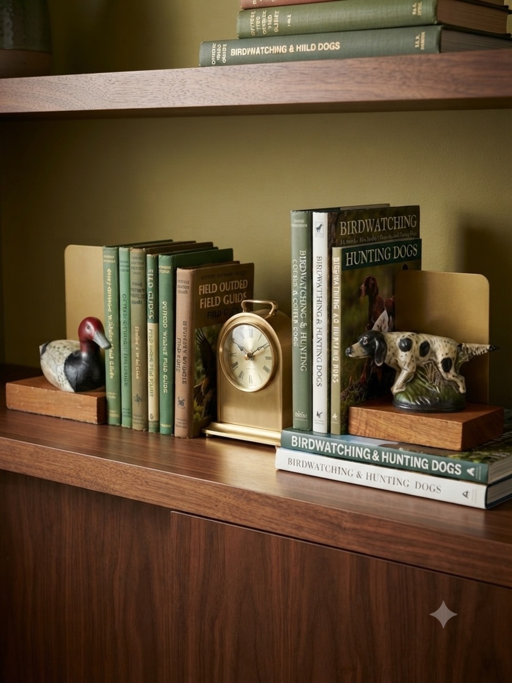 Vintage-style bookends featuring a Canvasback duck decoy and a spotted hound